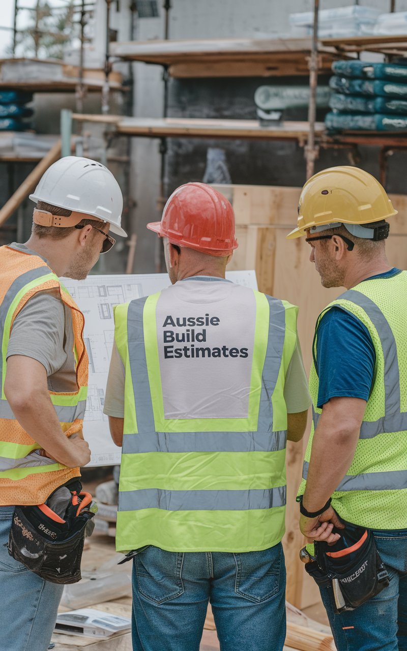 three builders with Aussie Build Estimates in Sydney - Aussie Build Estimates three builders looking at a plan. one has Aussie Build Estimates written on this shirt in Sydney.